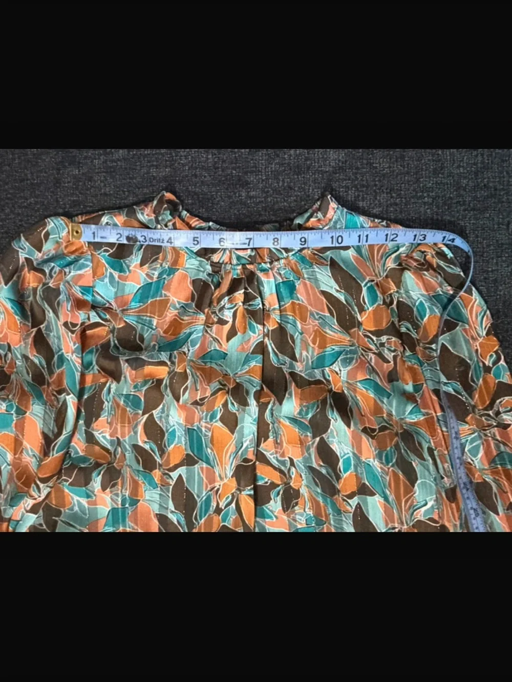 Leaf-Print Long Sleeve Blouse in Teal, Orange & Brown